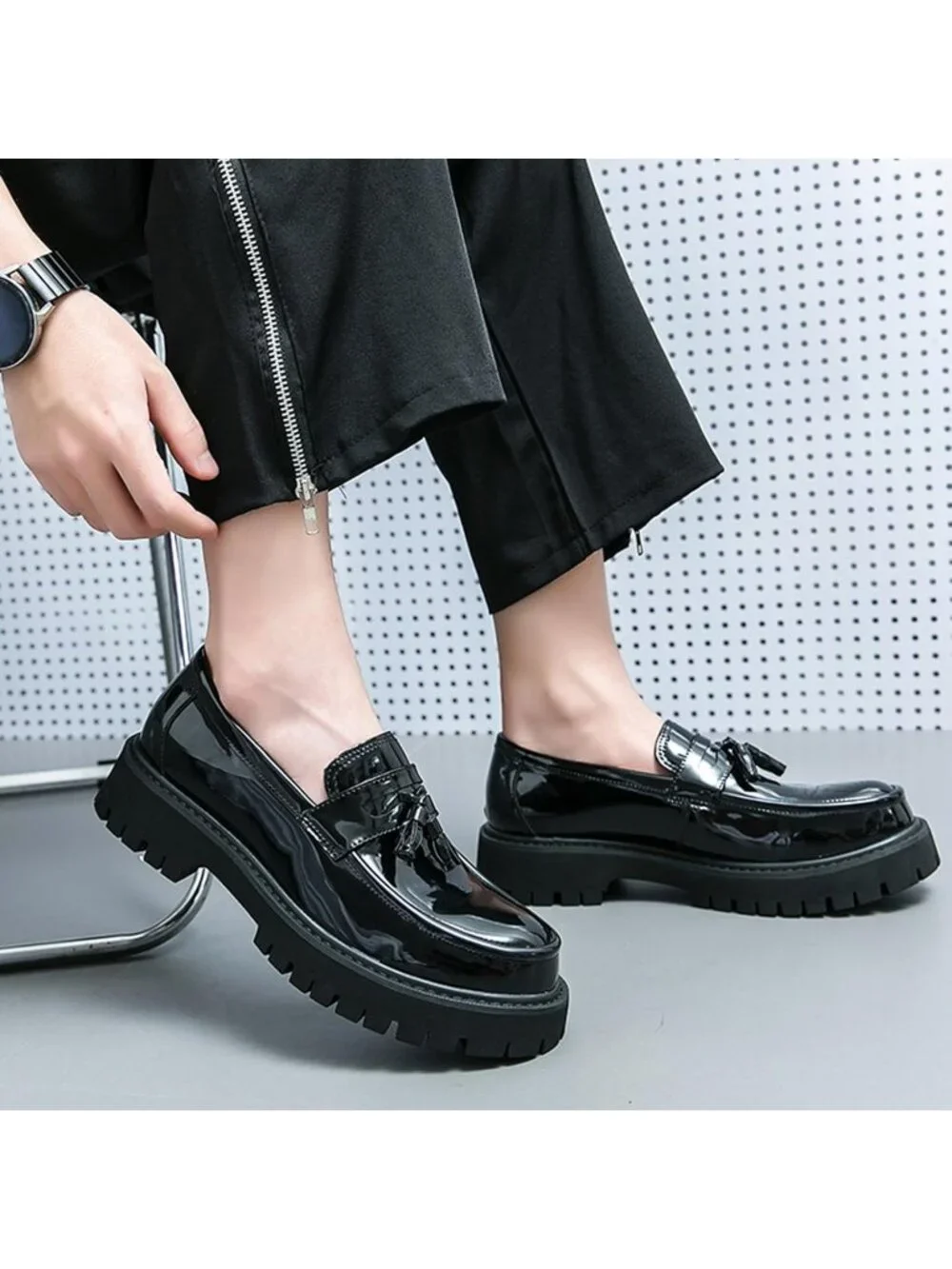 Men's Black Chunky Platform Loafers Slip On Business Dress Casual Shoes